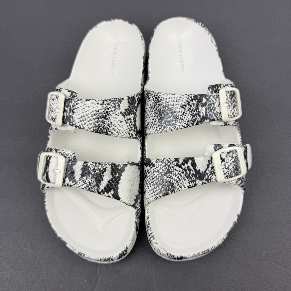 Vince Camuto Mandial Sandals 9 Black White Snake Print Buckle Slide Arizona NEW